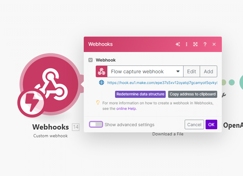 Module Custom webhook dans Make