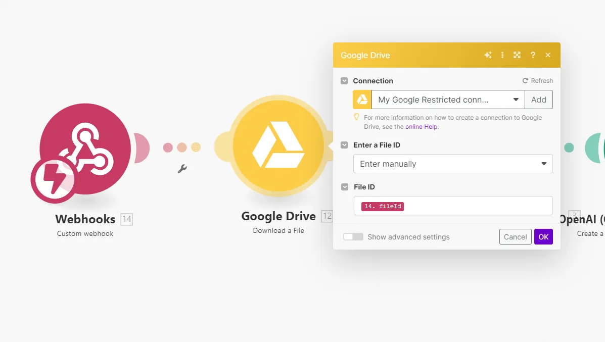 Liaison du module « Upload a file » de Google Drive au custom webhook