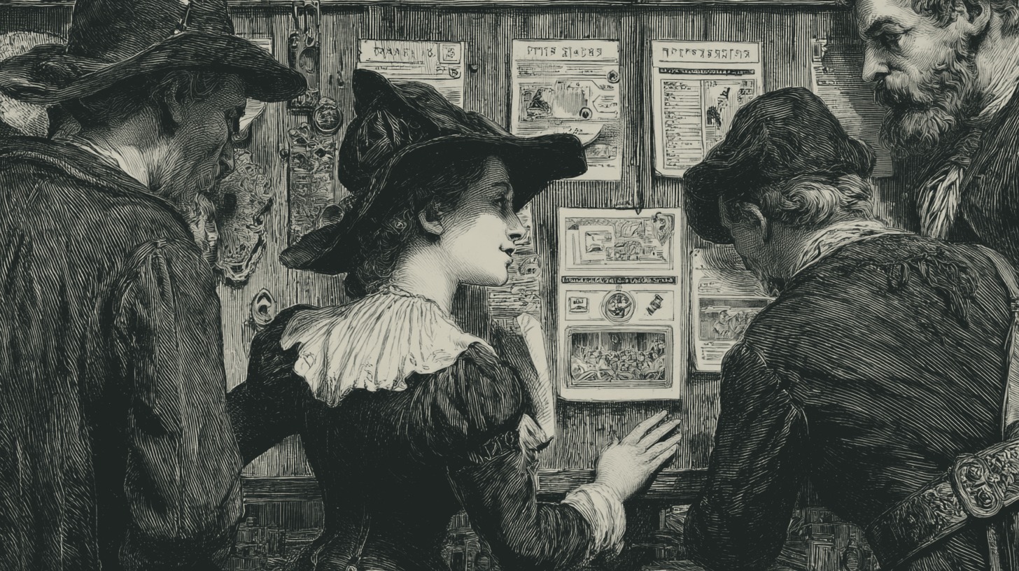 Une foule qui lit un panneau d'affiches, gravure ancienne — la page de résultats que tout le monde consulte