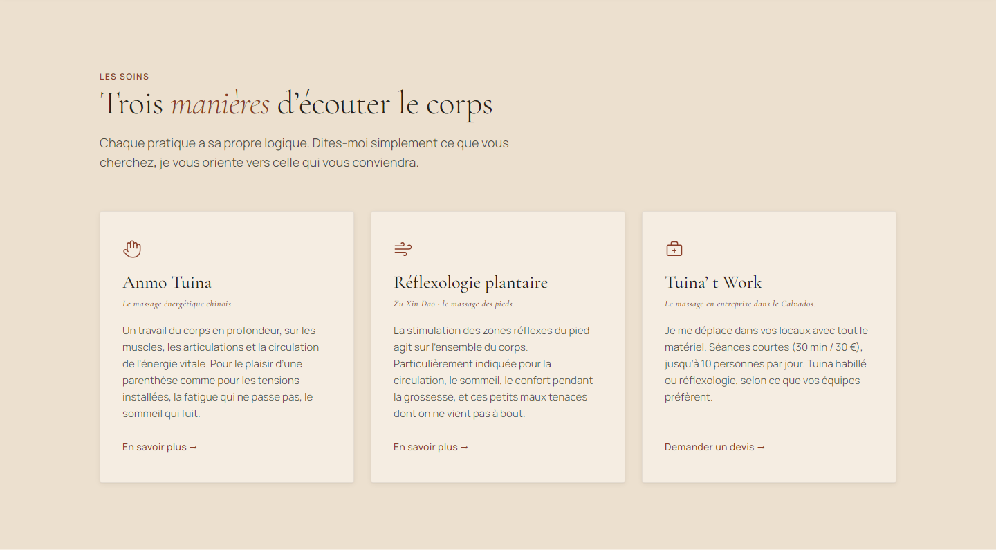 Les trois soins — Anmo Tuina, Réflexologie, Tuina't Work