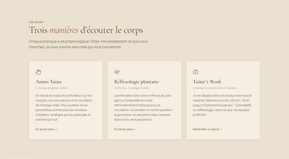 Les trois soins — Anmo Tuina, Réflexologie, Tuina't Work